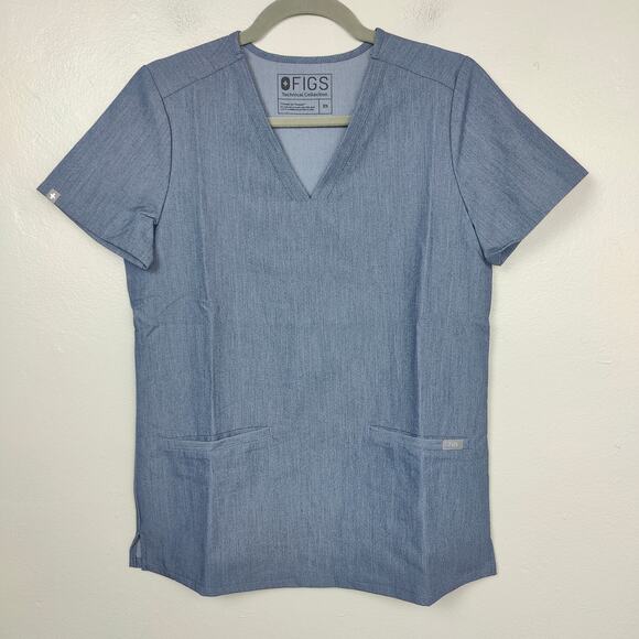 Figs Casma Scrub Top Womens XS Heather Denim Gray V-Neck Pockets Short Sleeve 63 - Picture 1 of 8